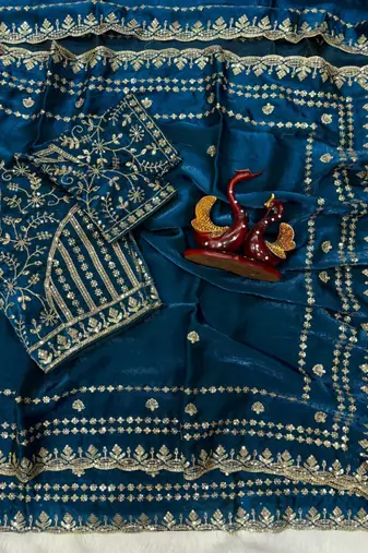blue silk saree with sequins zari work
