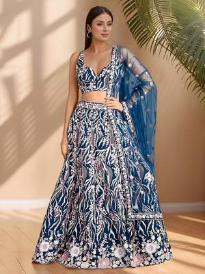 blue designer net party wear lehenga choli with sequin work
 1
