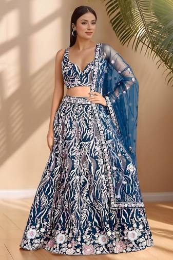 blue designer net party wear lehenga choli with sequin work
