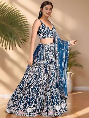 blue designer net party wear lehenga choli with sequin work
 2