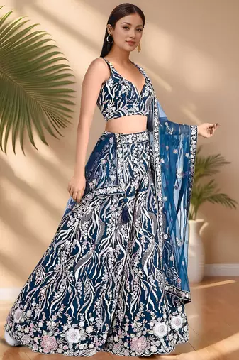 blue designer net party wear lehenga choli with sequin work