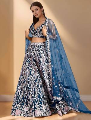 blue designer net party wear lehenga choli with sequin work
 3