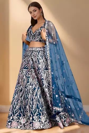 blue designer net party wear lehenga choli with sequin work