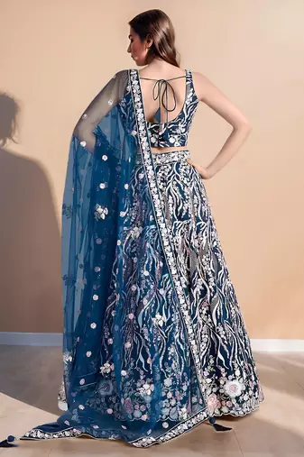 blue designer net party wear lehenga choli with sequin work