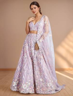 lavender designer net engagement wear lehenga choli with sequins work 1
