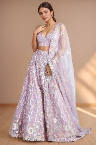 lavender designer net engagement wear lehenga choli with sequins work
