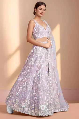 lavender designer net engagement wear lehenga choli with sequins work