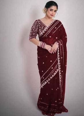 maroon silk saree with sequins zari work 1