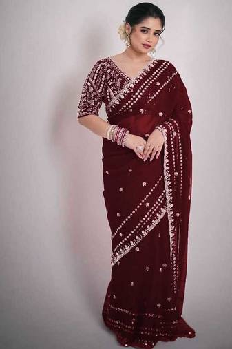 New Soft Space Silk Sequance Embroidery Work Women's Saree With Blouse Set 