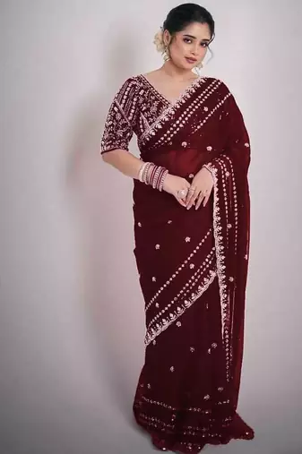 New Soft Space Silk Sequance Embroidery Work Women's Saree With Blouse Set 