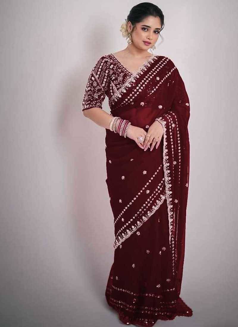 New Soft Space Silk Sequance Embroidery Work Women's Saree With Blouse Set 