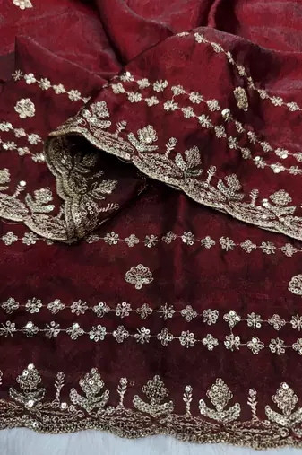 maroon silk saree with sequins zari work