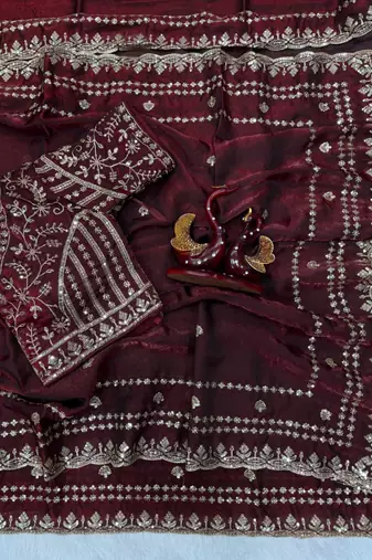 maroon silk saree with sequins zari work