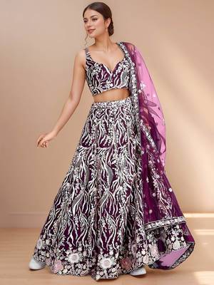 purple sequins reception wear net lehenga choli with dupatta 1