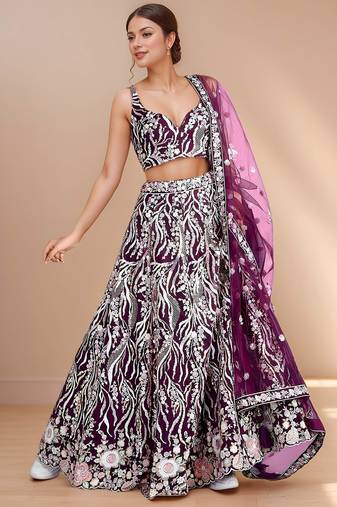 Elegant Purple Sequins Net Reception Wear Lehenga Choli With Dupatta