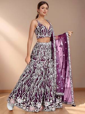 purple sequins reception wear net lehenga choli with dupatta 2