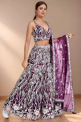 purple sequins reception wear net lehenga choli with dupatta