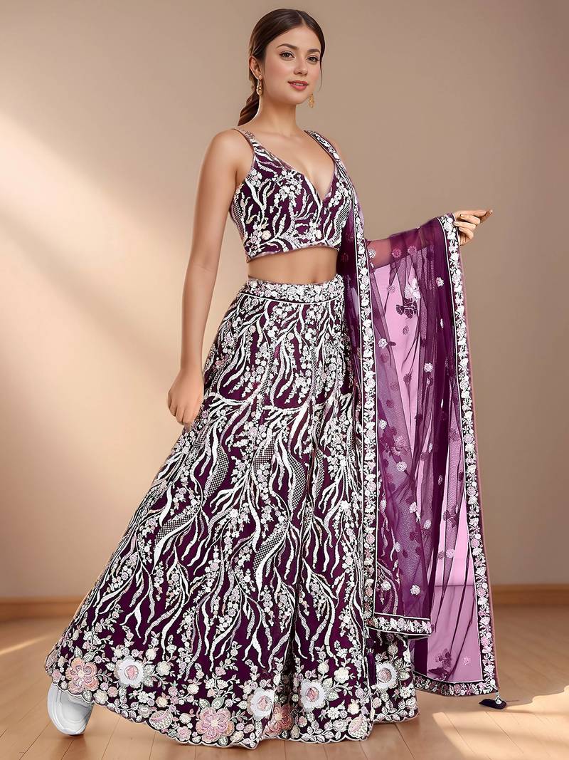 Elegant Purple Sequins Net Reception Wear Lehenga Choli With Dupatta