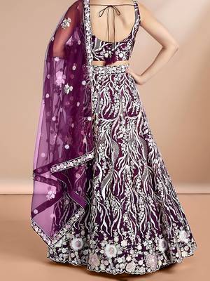 purple sequins reception wear net lehenga choli with dupatta 3