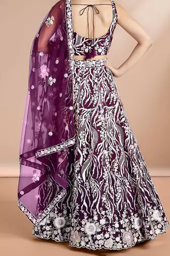 purple sequins reception wear net lehenga choli with dupatta