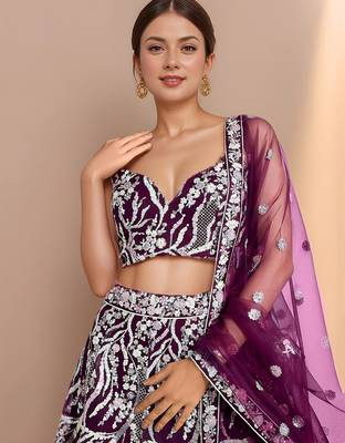 purple sequins reception wear net lehenga choli with dupatta 4