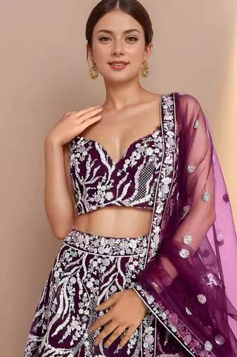 purple sequins reception wear net lehenga choli with dupatta