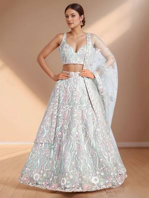 sky blue designer net engagement wear lehenga choli with sequins work 1