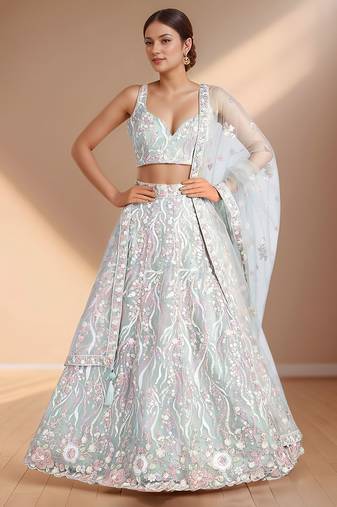 sky blue designer net engagement wear lehenga choli with sequins work