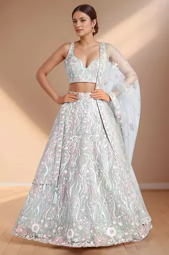 Stunning Sky-Blue Sequins Net Engagement Wear Lehenga Choli With Dupatta