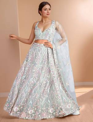 sky blue designer net engagement wear lehenga choli with sequins work 2