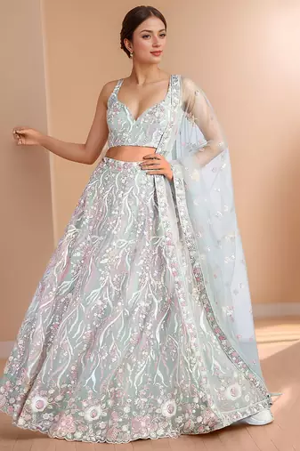 sky blue designer net engagement wear lehenga choli with sequins work