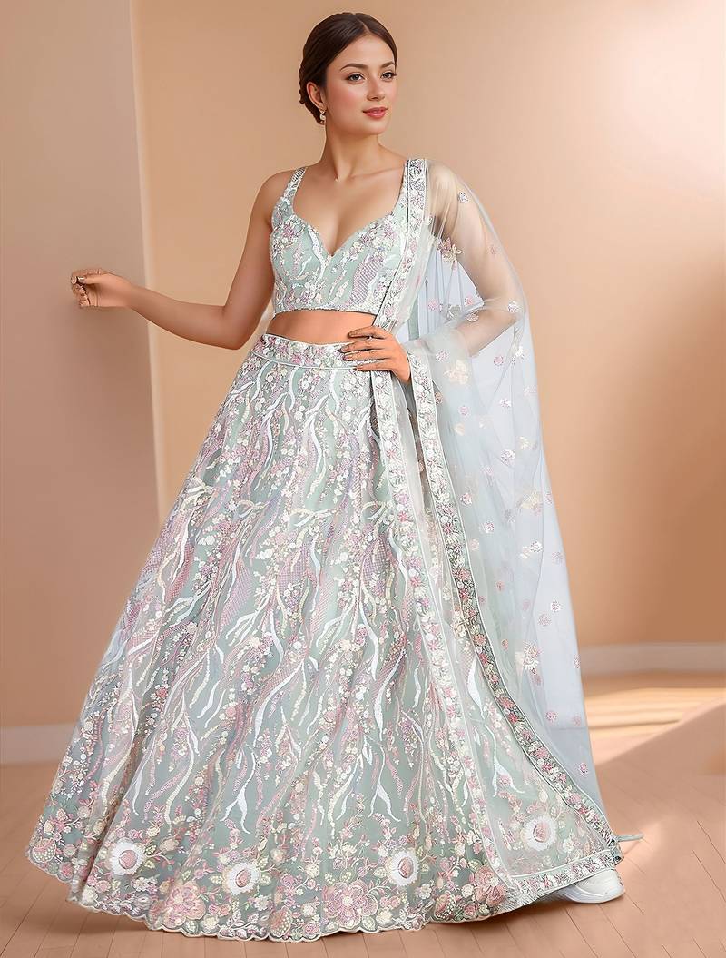 Stunning Sky-Blue Sequins Net Engagement Wear Lehenga Choli With Dupatta