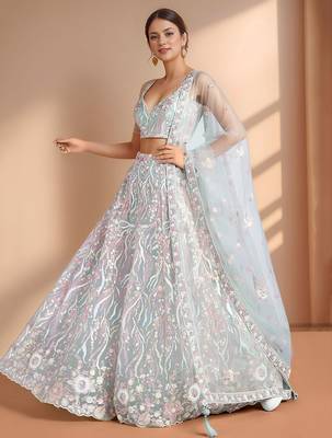 sky blue designer net engagement wear lehenga choli with sequins work 3
