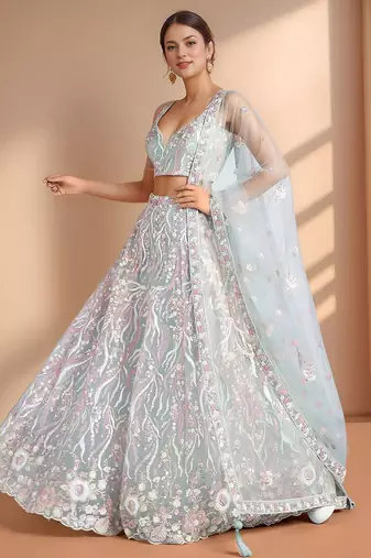 sky blue designer net engagement wear lehenga choli with sequins work