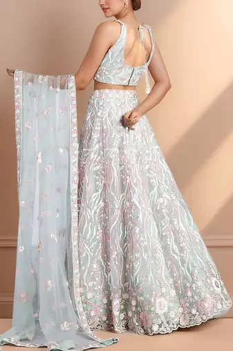 sky blue designer net engagement wear lehenga choli with sequins work