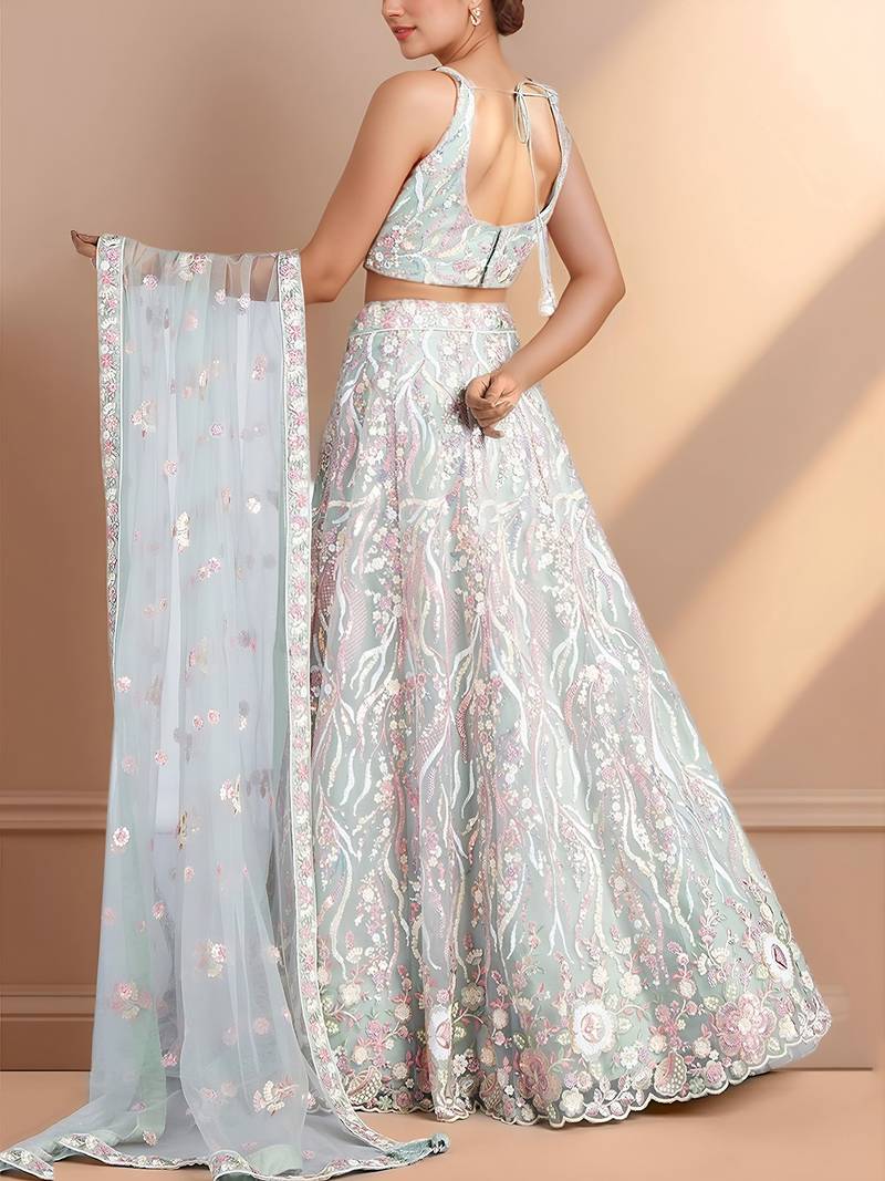 Stunning Sky-Blue Sequins Net Engagement Wear Lehenga Choli With Dupatta