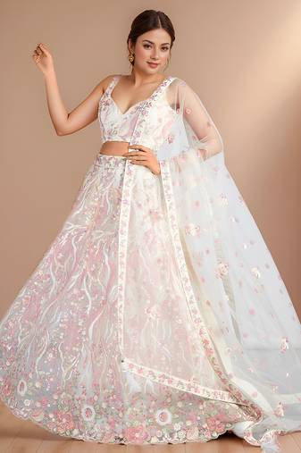 white designer net bridesmaid lehenga choli with sequins work
