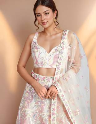 white designer net bridesmaid lehenga choli with sequins work 2