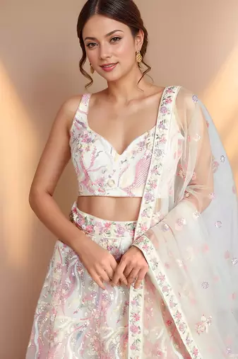 white designer net bridesmaid lehenga choli with sequins work