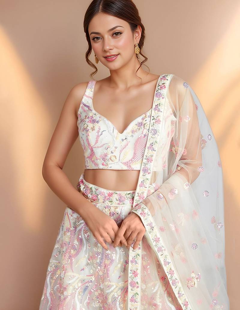Wonderful White Sequins Net Bridesmaid Lehenga Choli With Dupatta