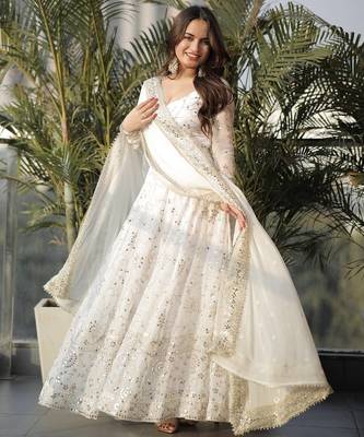 Designer ivory faux georgette party wear gown with heavy sequin work 2