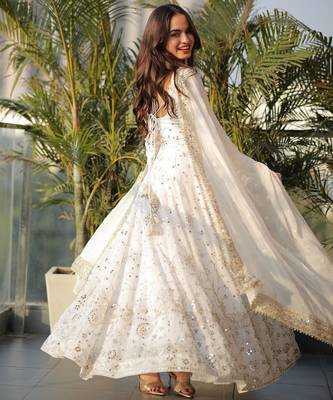 Designer ivory faux georgette party wear gown with heavy sequin work 3