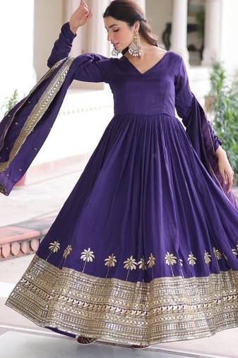 Royal purple vichitra silk anarkali gown with rich sequins embroidered work