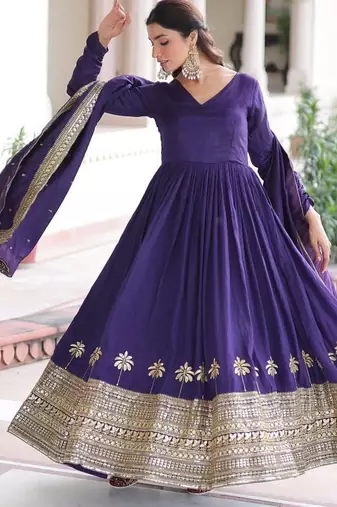 Royal purple vichitra silk anarkali gown with rich sequins embroidered work