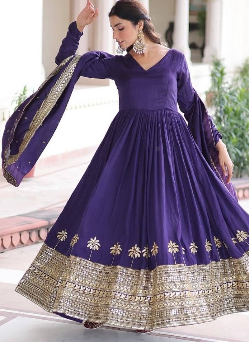 Royal purple vichitra silk anarkali gown with rich sequins embroidered work