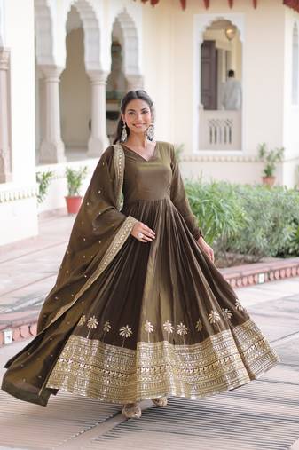 Olive green vichitra silk anarkali gown with rich sequins embroidered work