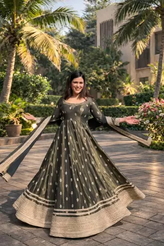 Green chinon silk anarkali gown with heavy cording embroidery & sequins work