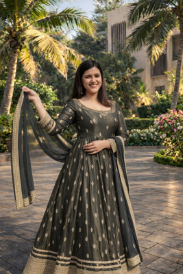 Green chinon silk anarkali gown with heavy cording embroidery & sequins work 2