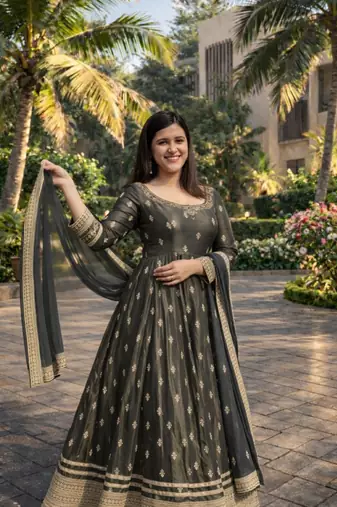 Green chinon silk anarkali gown with heavy cording embroidery & sequins work