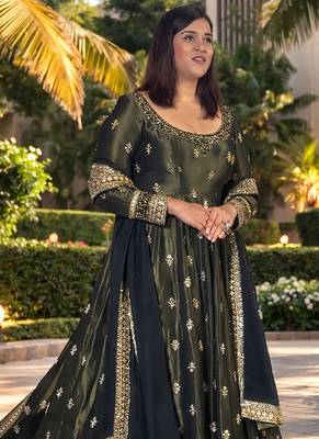 Green chinon silk anarkali gown with heavy cording embroidery & sequins work 3